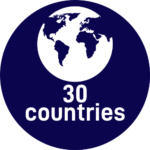 Blue circle icon reading "30 countries"