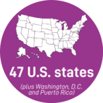 Purple circle icon reading "47 U.S. states plus Washington, D.C. and Puerto Rico"