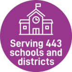 Purple circle icon reading "serving 443 schools and districts"